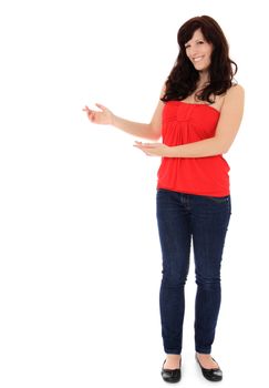 Attractive young woman presenting something. All on white background.