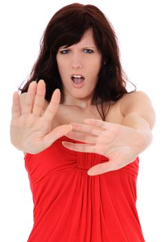 Attractive young woman with repelling gesture. All on white background.