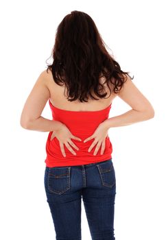 Attractive young woman suffers from back pain. All on white background.