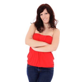 Attractive young woman leaning to the side. Extra text space on the left. All on white background.