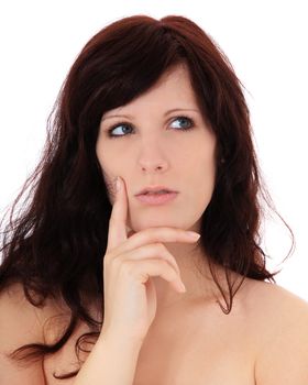 Attractive young woman deliberates a decision. All on white background.