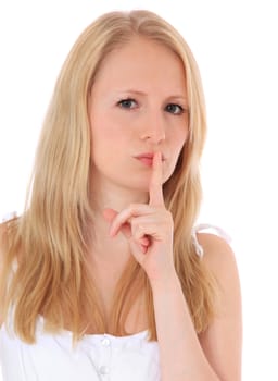 Attractive blond woman showing gesture to be silent. All on white background.