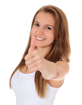 Attractive young woman showing thumb up. All on white background.