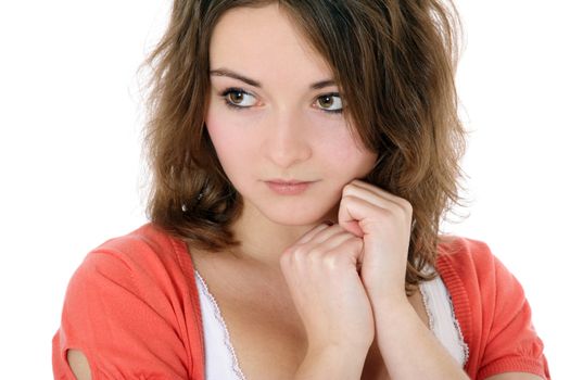 Shy young woman. All on white background.