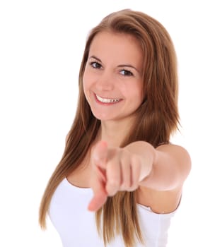 Attractive young woman pointing with finger. All on white background.