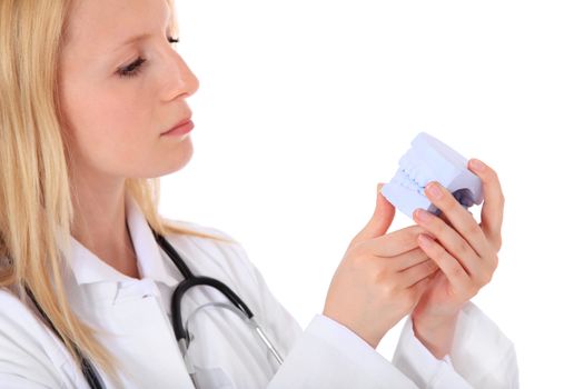 Dentist checking plaster cast of teeth. All on white background.