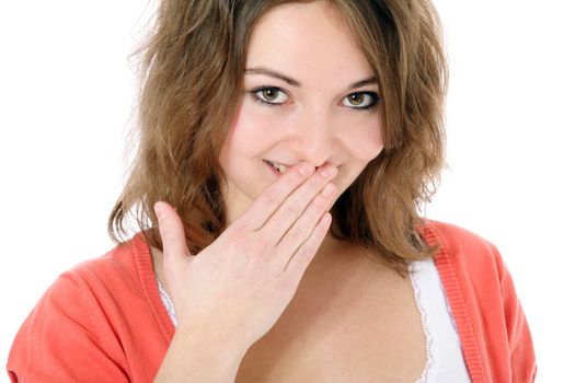 Shy young woman. All on white background.