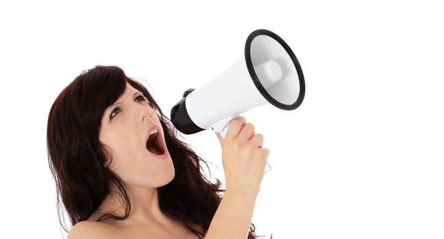 Attractive young woman shouting through megaphone. All on white background.