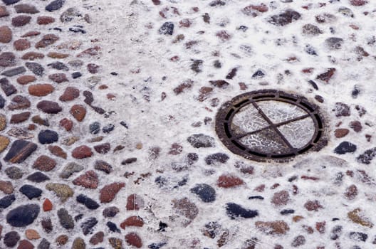 vintage street pavement and snow