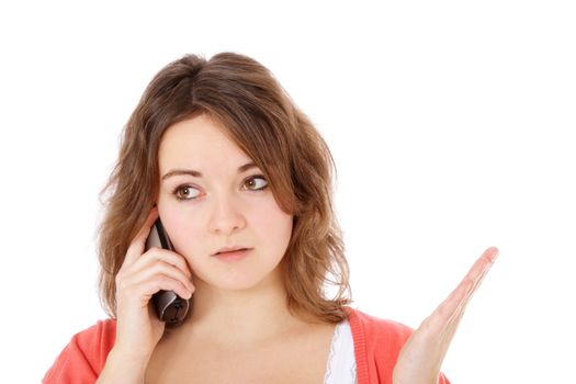 Attractive young woman making a phone call. All on white background.