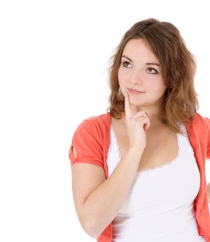 Attractive young woman deliberates a decision. All on white background.