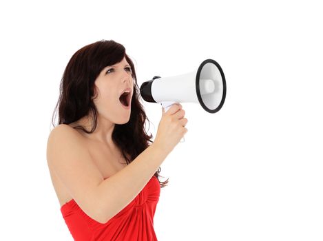 Attractive young woman shouting through megaphone. All on white background.