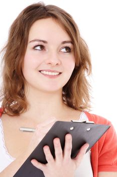 Attractive young woman doing a survey. All on white background.