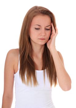 Attractive girl suffers from headache. All on white background.