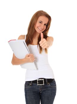 Attractive student showing thumb up. All on white background.