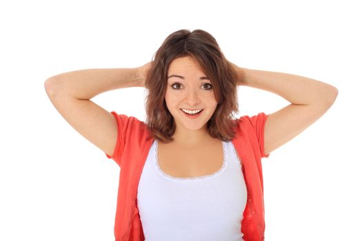 Surprised young woman. All on white background.