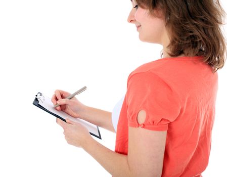 Attractive young woman doing a survey. All on white background.