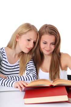 Two students learning together. All on white background.