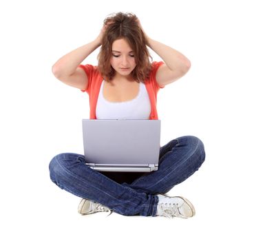 Attractive young woman got a problem with her computer. All on white background.