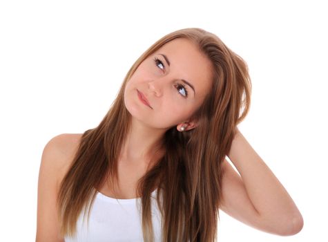 Attractive girl deliberates a decision. All on white background.
