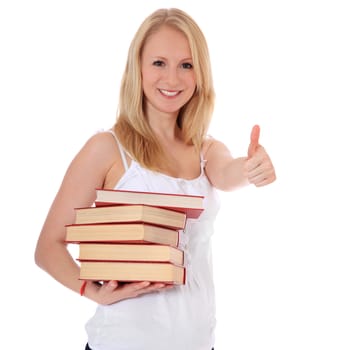 Attractive young student showing thumbs up. All on white background.