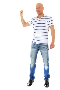 Full length shot of an attractive man pointing at the background. All isolated on white.