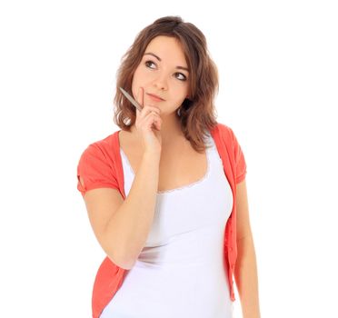 Attractive young woman deliberates a decision. All on white background.