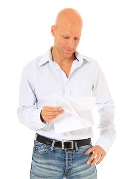 Attractive middle age man reading a letter. All on white background.