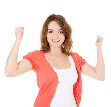 Cheering young woman. All on white background.