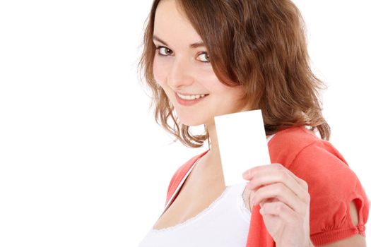 Attractive young woman holding a business card. All on white background.