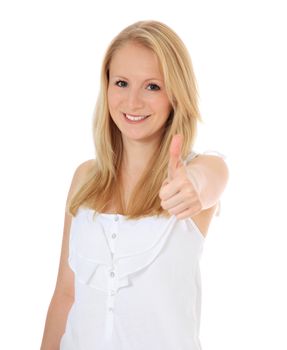 Woman showing thumbs up. All on white background.