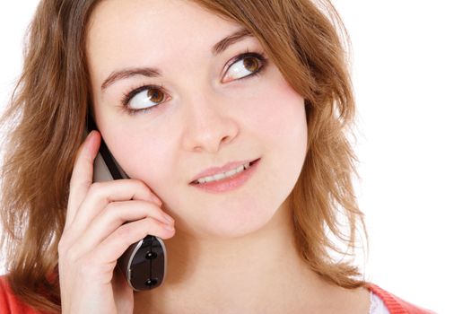 Attractive young woman making a phone call. All on white background.