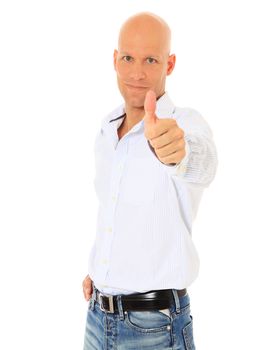 Attractive middle age man showing thumbs up. All on white background.