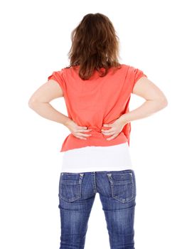 Attractive young woman suffering from back pain. All on white background.