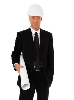 Portrait of an architect wearing helmet. All on white background.