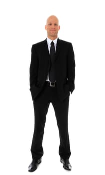 Full length shot of an attractive man wearing black suit. All on white background.
