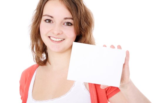 Attractive young woman holding a business card. All on white background.