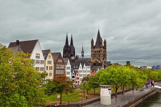 Rhine River Embankment in Cologne in the autumn in cloudy day