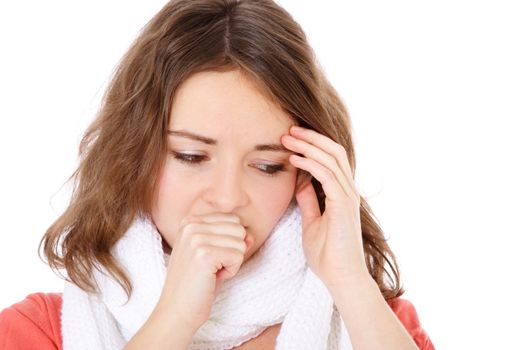 Attractive young woman feels unwell. All on white background.