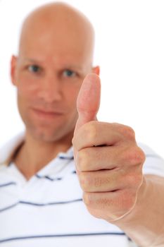 Attractive middle age man showing thumbs up. All on white background.