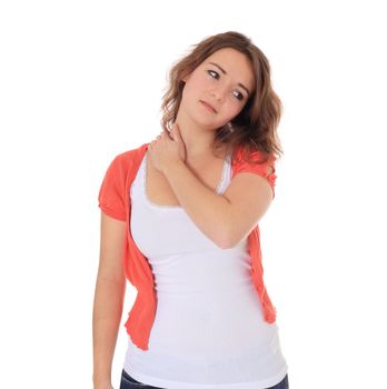 Attractive young woman suffering from neck pain. All on white background.