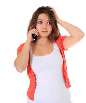 Attractive young woman making a phone call. All on white background.