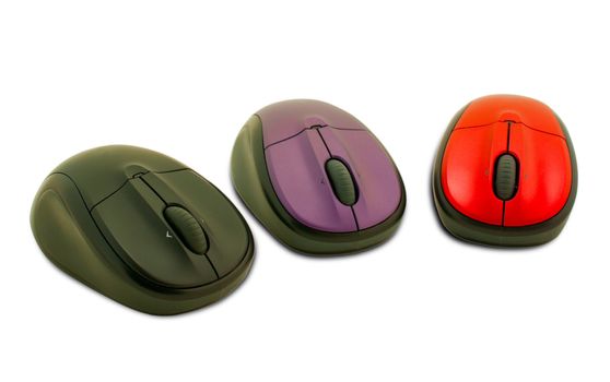 Three computer mouses on the white background