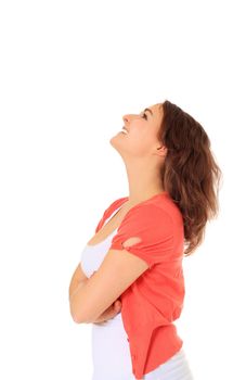 Attractive young woman looking up. All on white background.