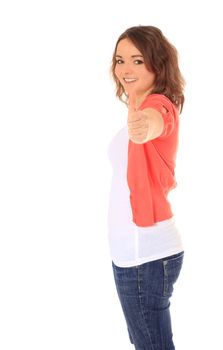Attractive young woman making thumbs up. All on white background.