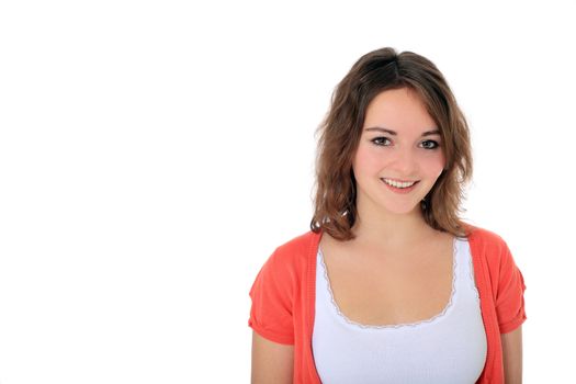 Attractive young woman. All on white background. Extra text space on the left.