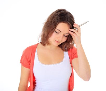 Attractive young woman got a problem. All on white background.