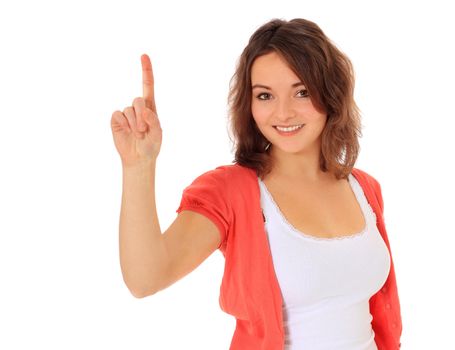 Attractive young woman pointing with finger. All on white background.