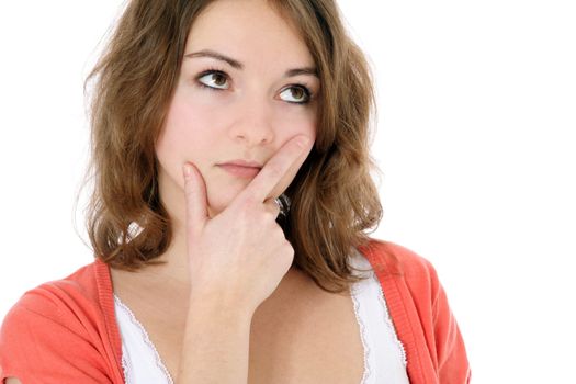 Attractive young woman deliberates a decision. All on white background.