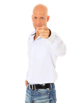 Attractive middle age man pointing with finger. All on white background.